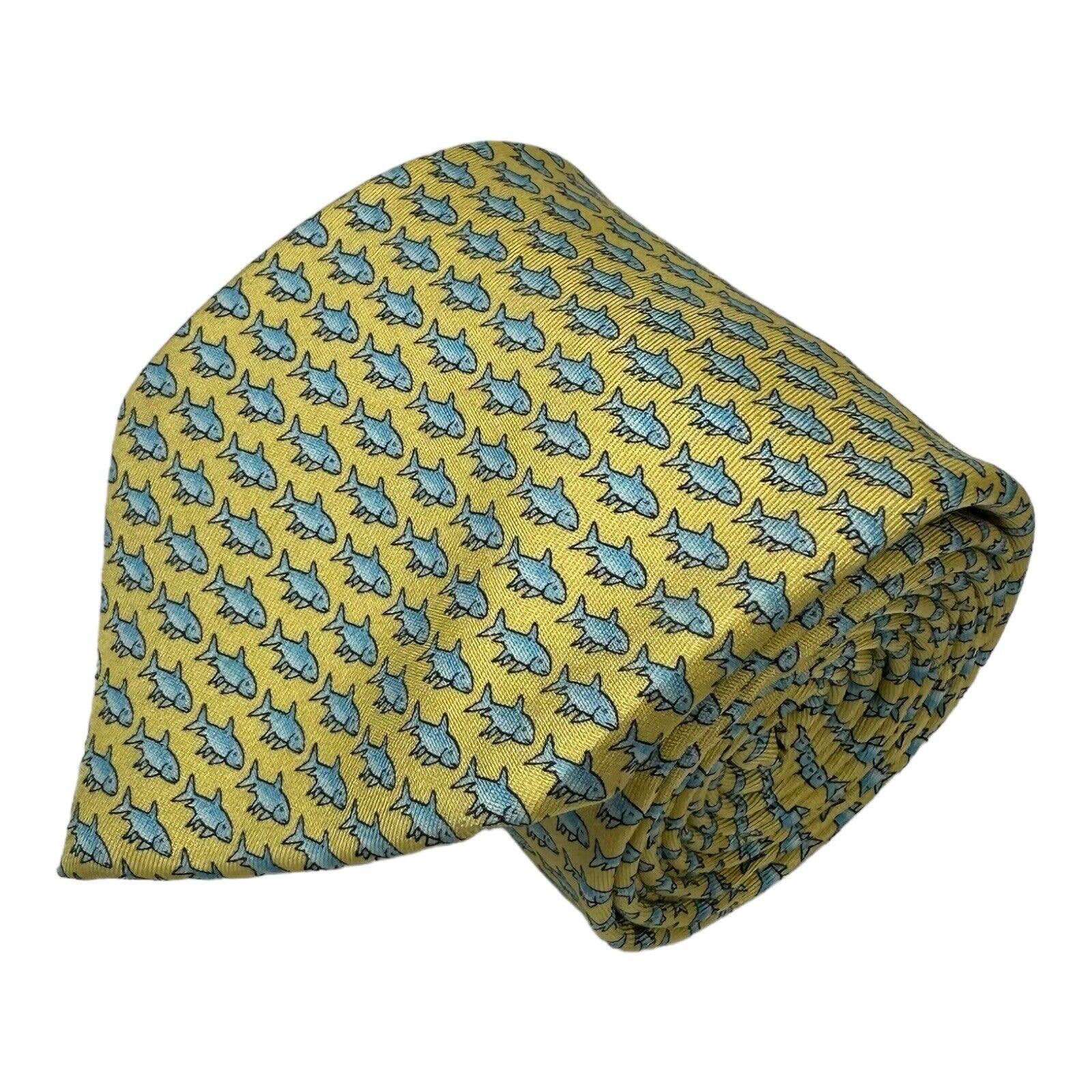 Vineyard Vines Yellow Blue Fish Pure Silk Mens Tie 375 Inch Width